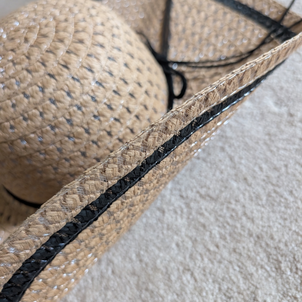Wide Brim Straw Sun Hat | Floppy Woven Beach Hat with Black Trim | Bohemian - Picture 4 of 5